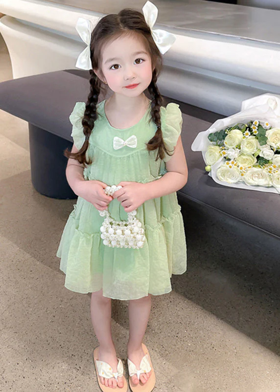 Light Green O-Neck Tulle Girls Mid Dresses Short Sleeve - Image 2