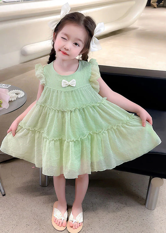 Light Green O-Neck Tulle Girls Mid Dresses Short Sleeve - Image 3