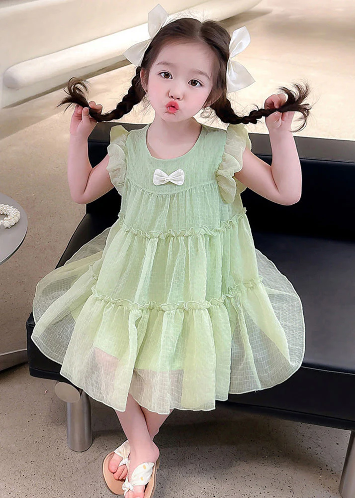 Light Green O-Neck Tulle Girls Mid Dresses Short Sleeve - Image 4