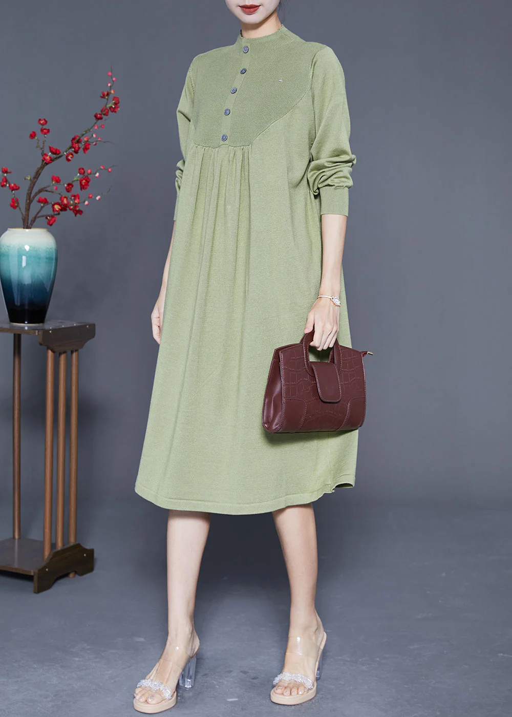 Light Green Patchwork Knit Robe Dresses Wrinkled Spring - Image 2