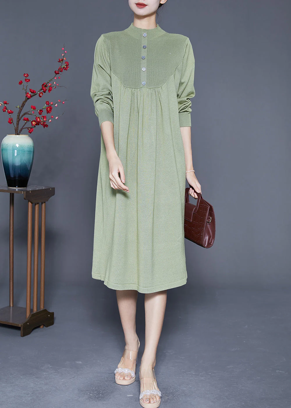 Light Green Patchwork Knit Robe Dresses Wrinkled Spring - Image 3