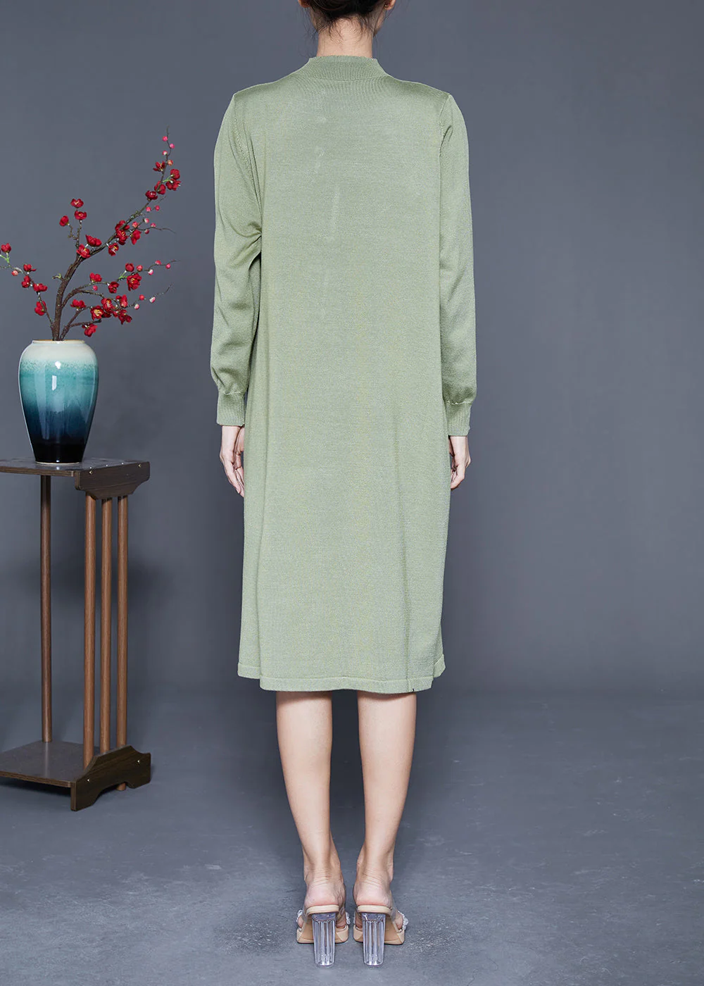 Light Green Patchwork Knit Robe Dresses Wrinkled Spring - Image 4
