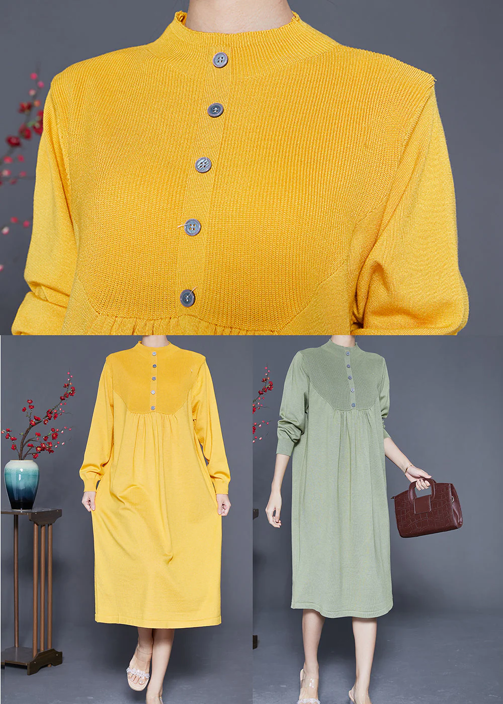 Light Green Patchwork Knit Robe Dresses Wrinkled Spring - Image 5