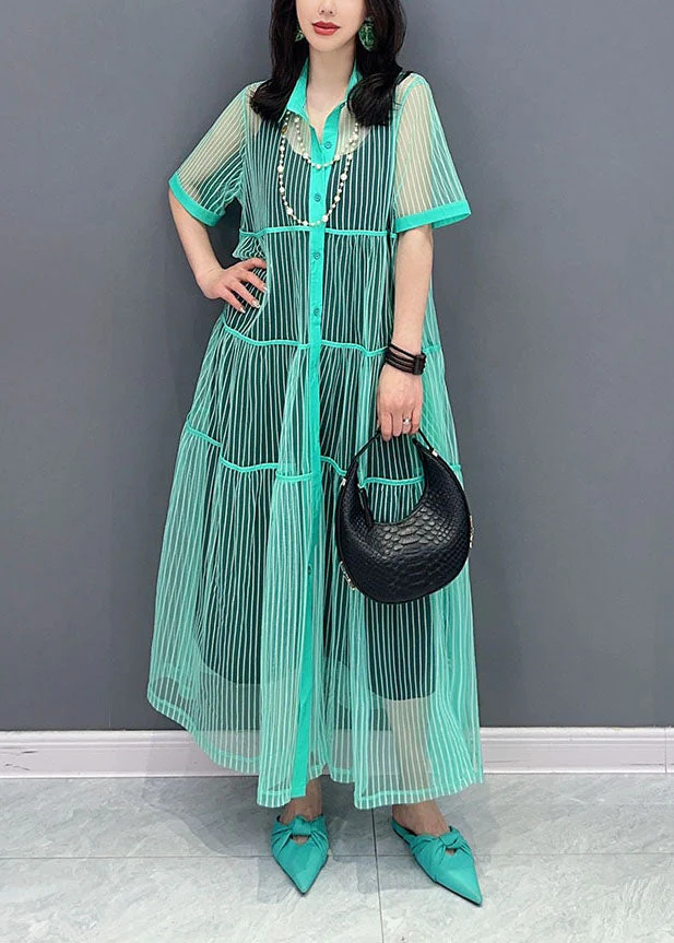 Light Green Patchwork Tulle Shirts Dress Peter Pan Collar Wrinkled Summer - Image 2