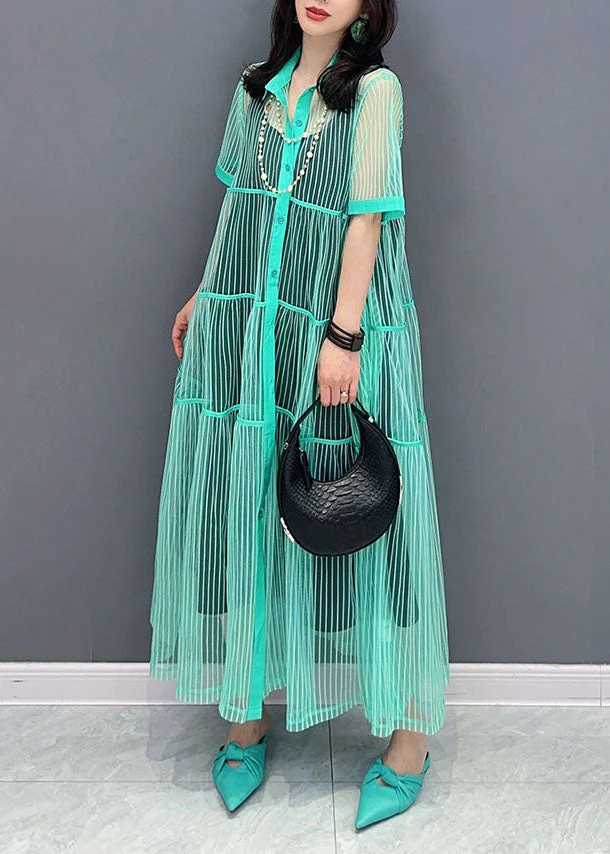 Light Green Patchwork Tulle Shirts Dress Peter Pan Collar Wrinkled Summer - Image 3