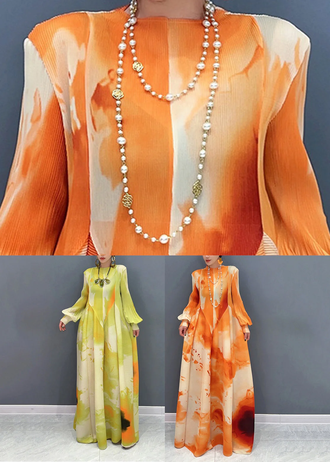 Light Green Print Patchwork Chiffon Maxi Dress Long Sleeve - Image 5
