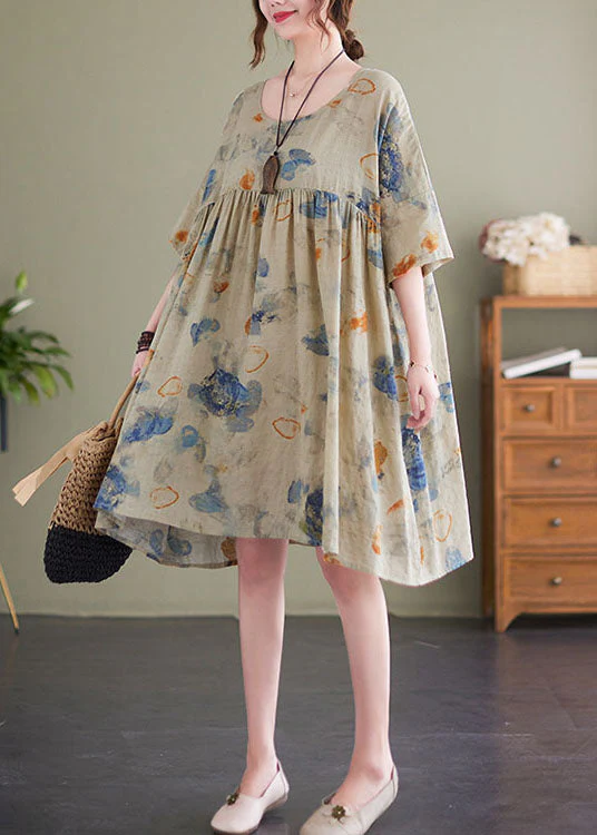 Light Green Print Patchwork Linen Loose Dress O-Neck Short Sleeve - Image 3