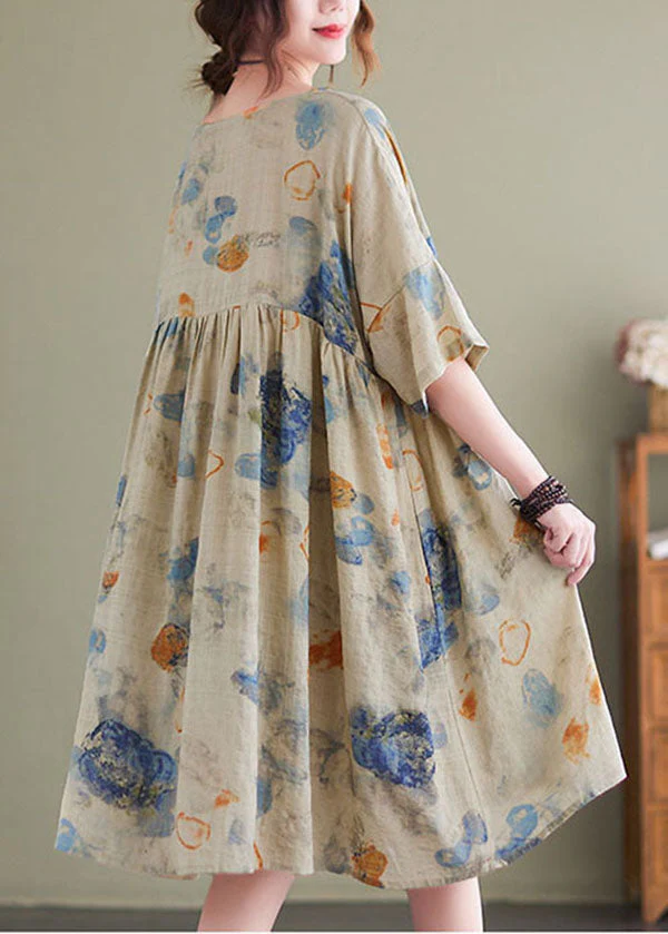 Light Green Print Patchwork Linen Loose Dress O-Neck Short Sleeve - Image 4