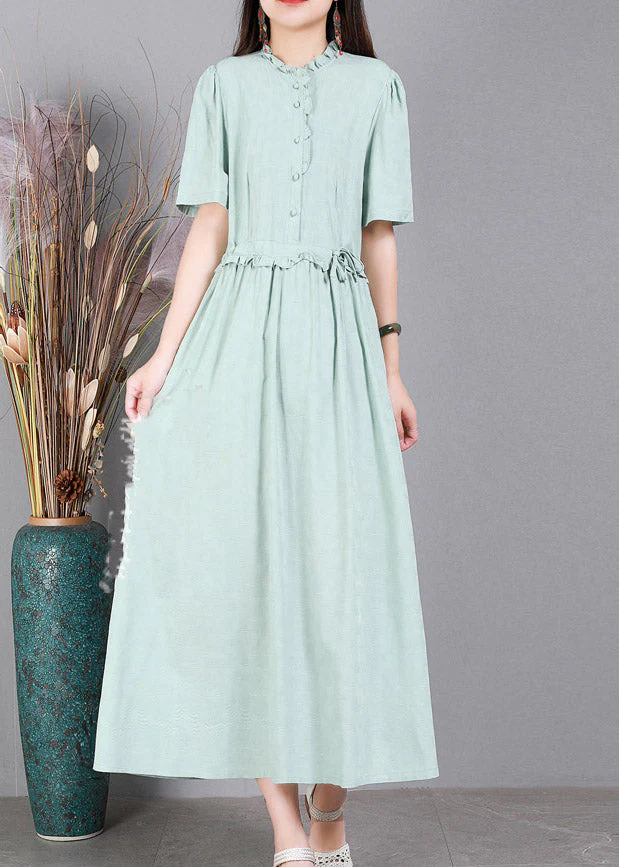 Light Green Print Tie Waist Linen Maxi Dresses Short Sleeve - Image 2