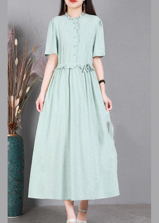 Light Green Print Tie Waist Linen Maxi Dresses Short Sleeve - Image 3