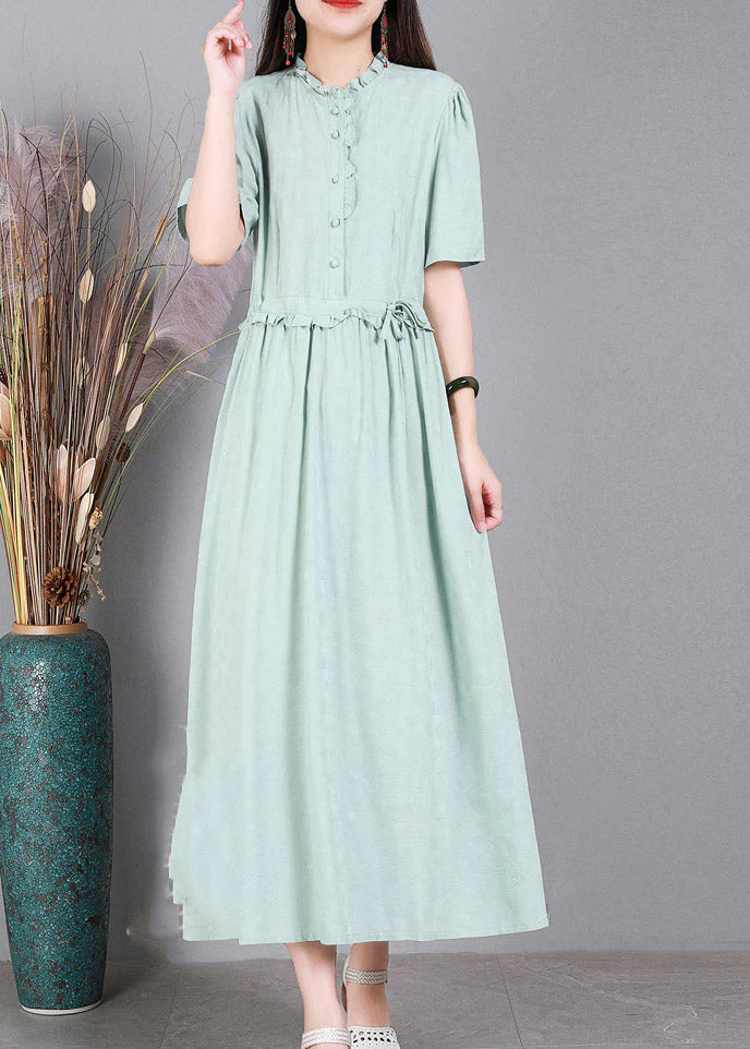 Light Green Print Tie Waist Linen Maxi Dresses Short Sleeve - Image 4