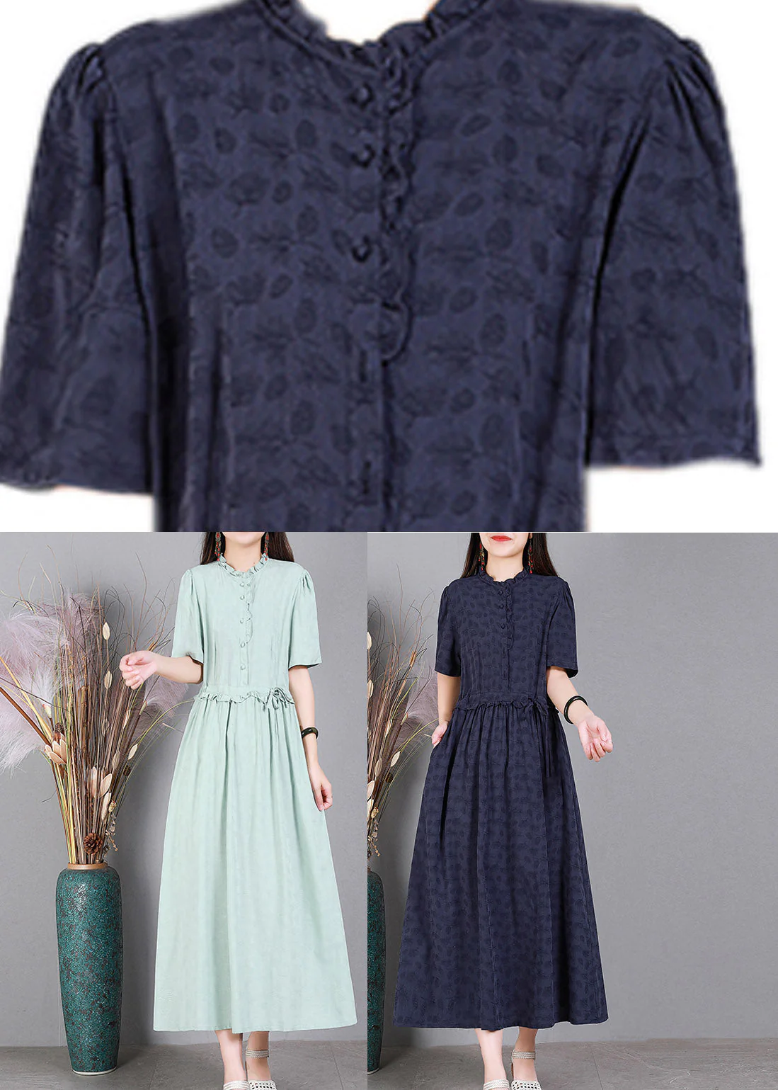 Light Green Print Tie Waist Linen Maxi Dresses Short Sleeve - Image 5