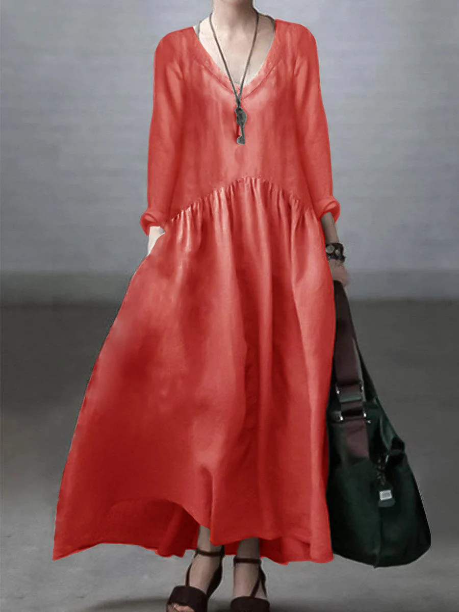 Light green Simple and Loose V-neck Cotton and Linen Dress - Image 12