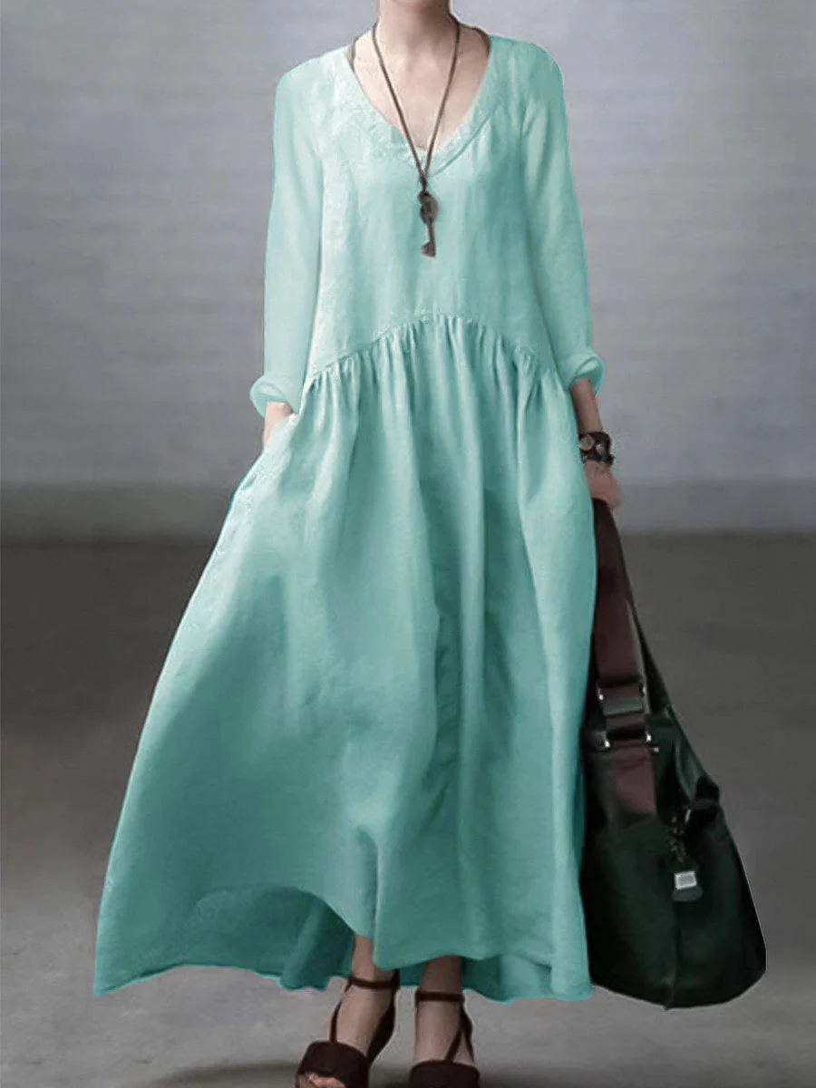 Light green Simple and Loose V-neck Cotton and Linen Dress - Image 2