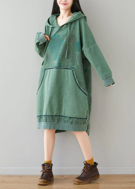 Light Green Sweatshirt dresses Hooded drawstring pockets Spring - Image 2