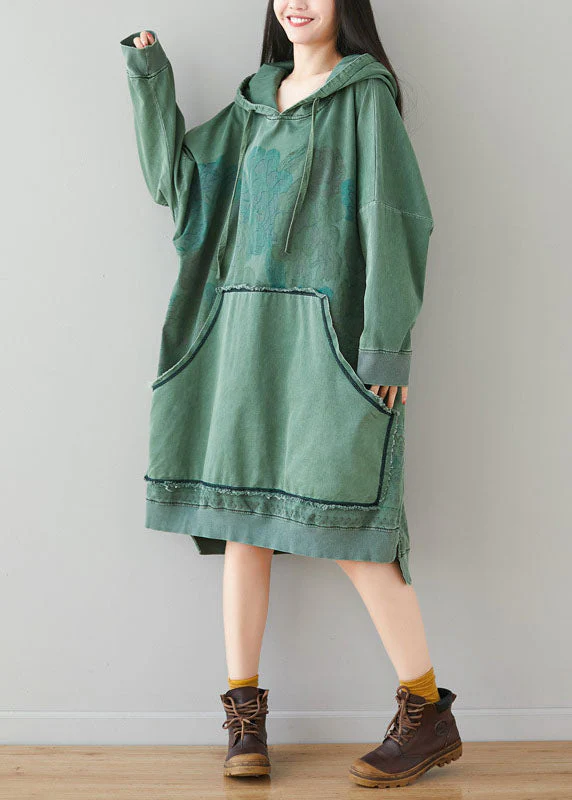 Light Green Sweatshirt dresses Hooded drawstring pockets Spring - Image 3
