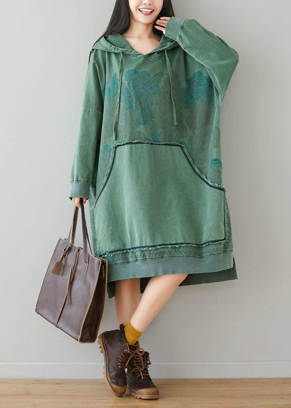 Light Green Sweatshirt dresses Hooded drawstring pockets Spring - Image 4