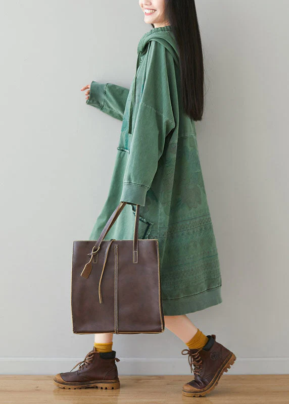 Light Green Sweatshirt dresses Hooded drawstring pockets Spring - Image 5