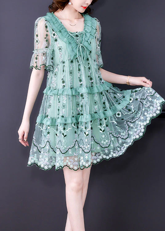 Light Green Tulle Vacation Dress Hollow Out Print Short Sleeve - Image 3