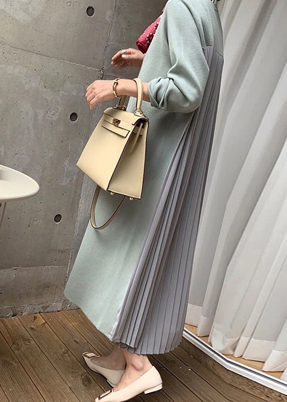 Light Green Wrinkled Solid Patchwork Cotton Winter Sweatshirt Dresses O Neck - Image 4