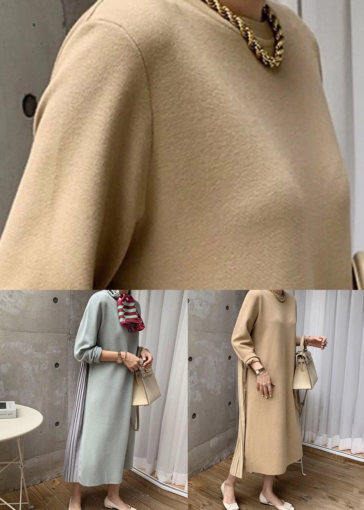 Light Green Wrinkled Solid Patchwork Cotton Winter Sweatshirt Dresses O Neck - Image 5