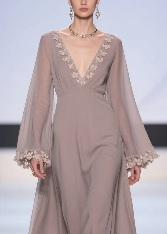 Light Grey Lace High Waist Solid Chiffon Robe Dresses V Neck - Image 2