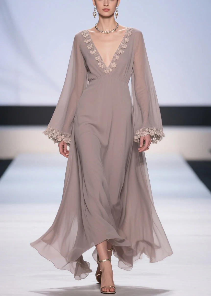 Light Grey Lace High Waist Solid Chiffon Robe Dresses V Neck - Image 3
