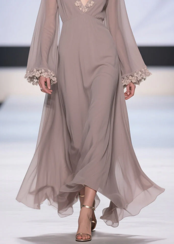 Light Grey Lace High Waist Solid Chiffon Robe Dresses V Neck - Image 4