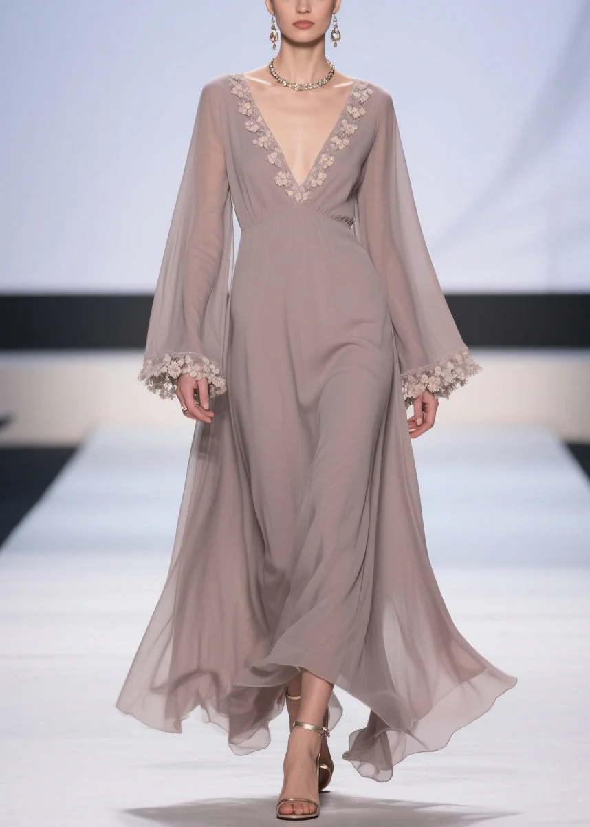 Light Grey Lace High Waist Solid Chiffon Robe Dresses V Neck - Image 5