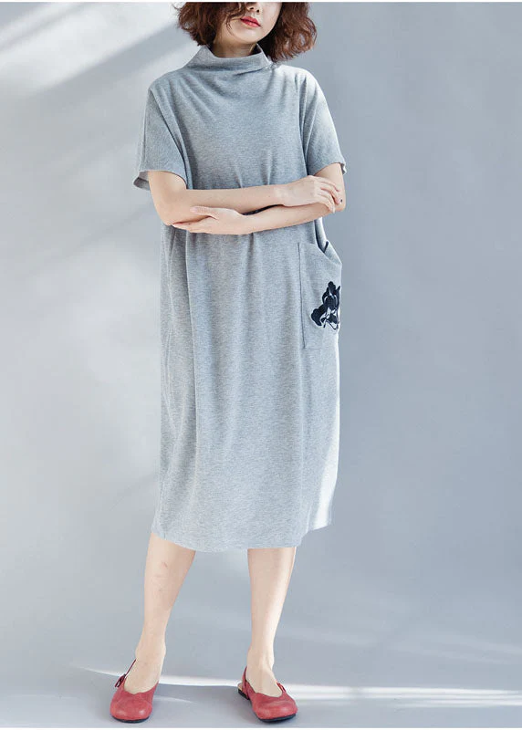 Light Grey Pockets Cotton Vacation Dresses Embroideried Short Sleeve - Image 2