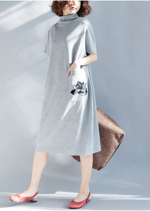 Light Grey Pockets Cotton Vacation Dresses Embroideried Short Sleeve - Image 3
