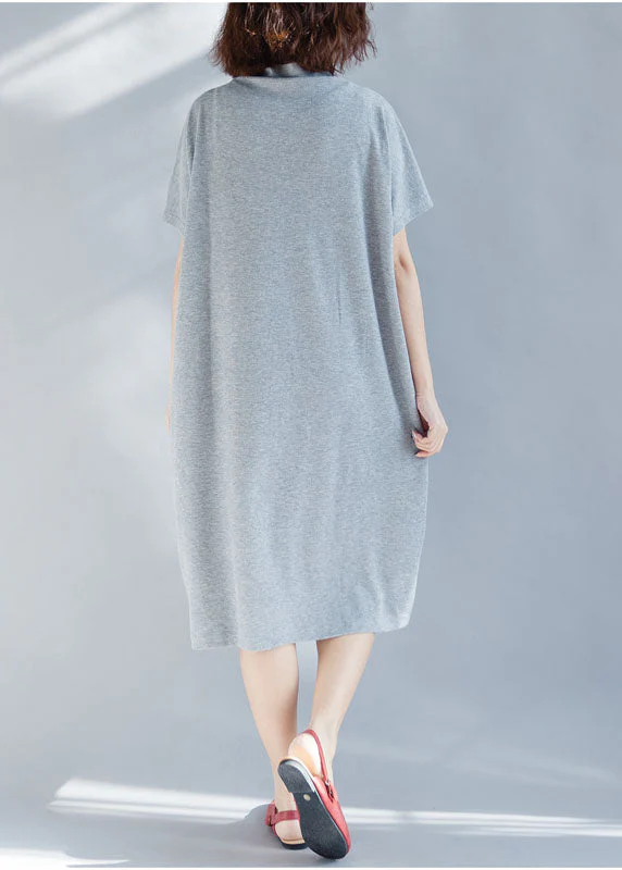 Light Grey Pockets Cotton Vacation Dresses Embroideried Short Sleeve - Image 4