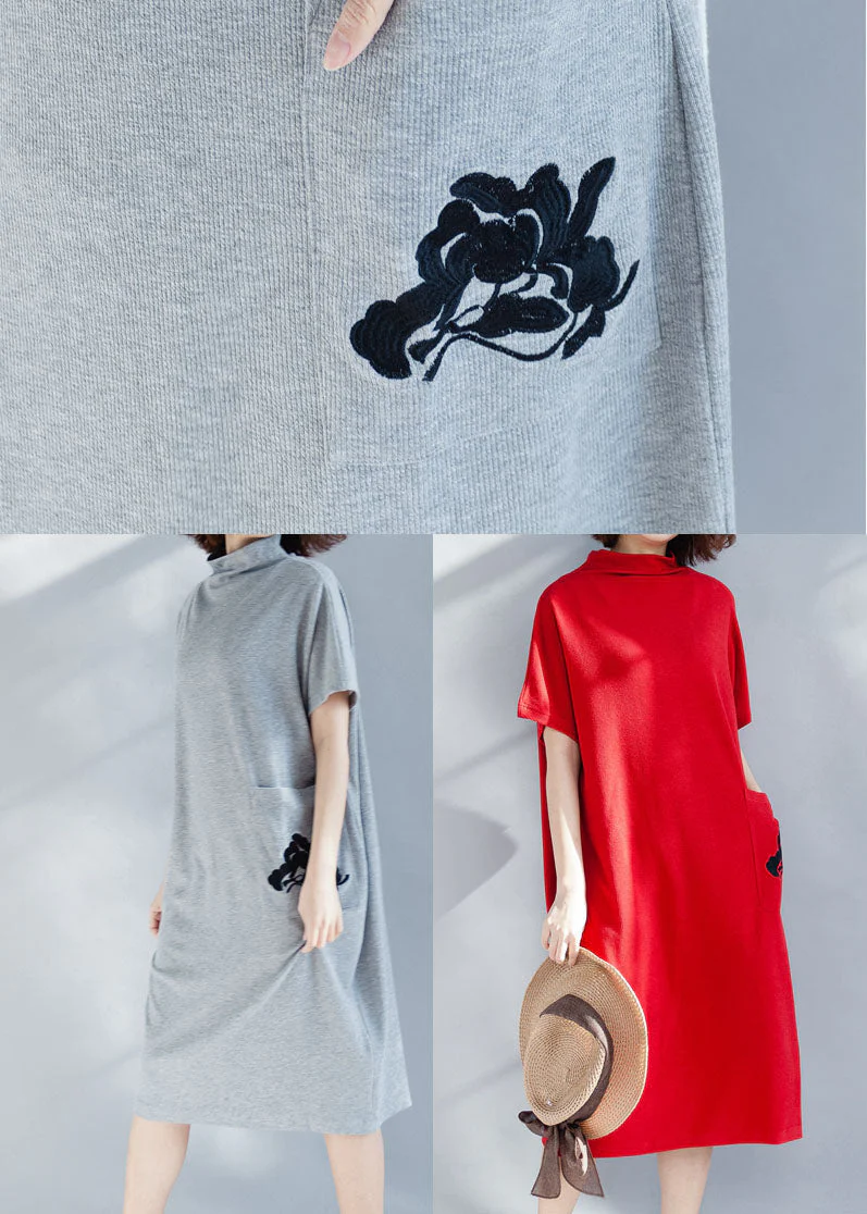 Light Grey Pockets Cotton Vacation Dresses Embroideried Short Sleeve - Image 5