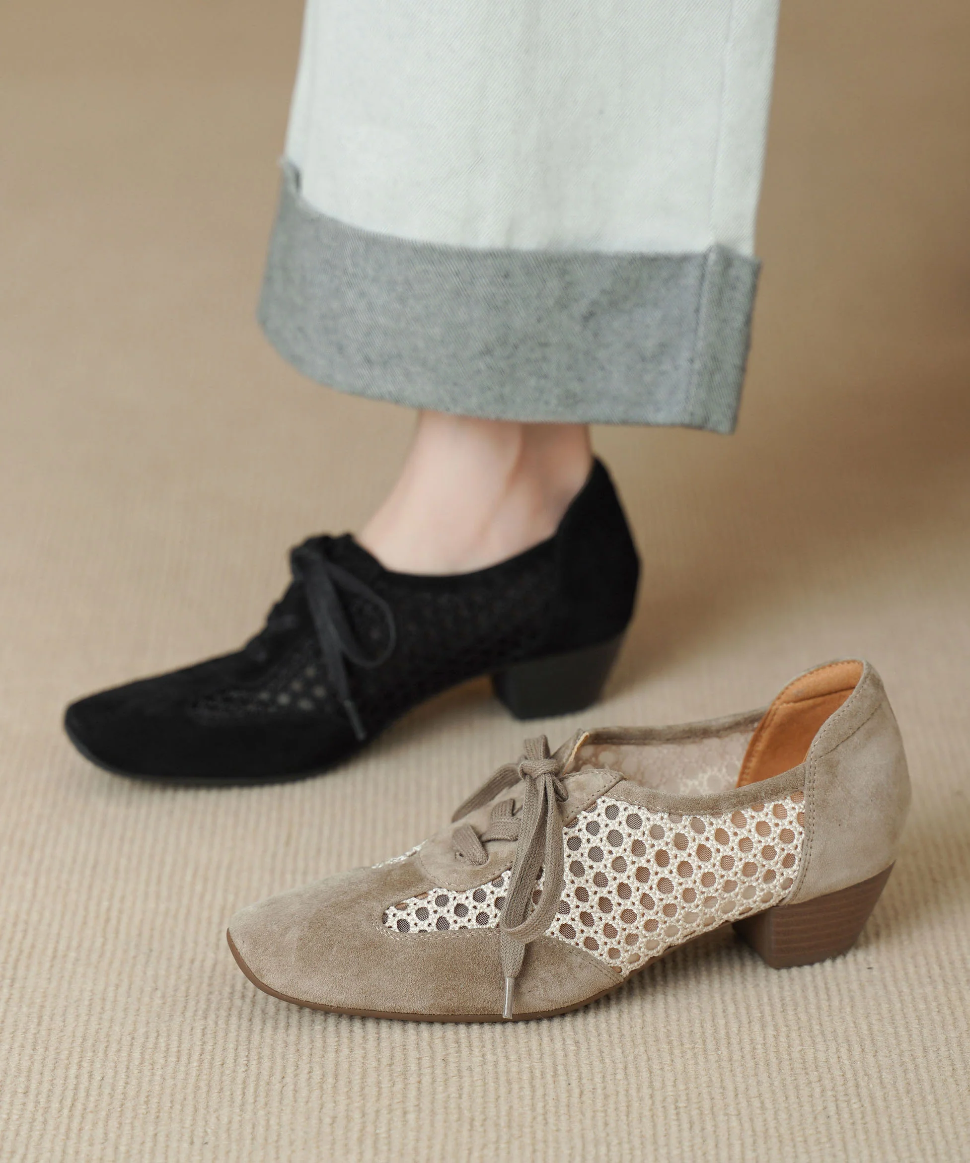 Light Khaki Hollow Out Splicing Chunky Shoes Lace Up - Image 4