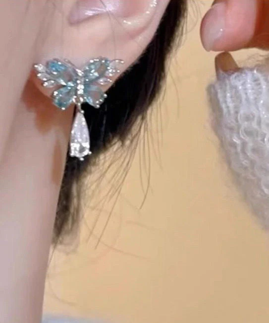 Light Luxury Blue Crystal Butterfly Metal Stud Earrings - Image 2