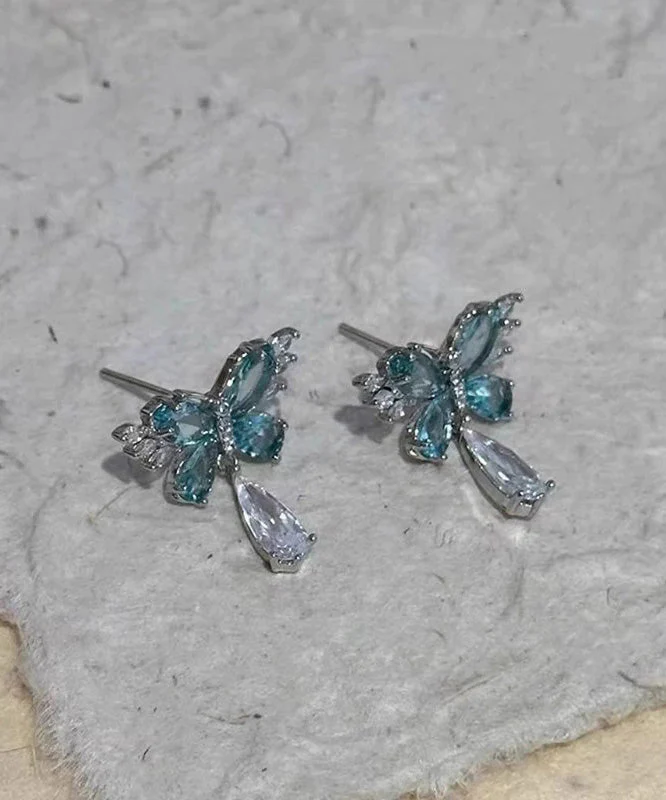 Light Luxury Blue Crystal Butterfly Metal Stud Earrings - Image 3