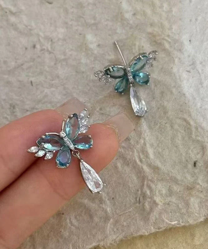 Light Luxury Blue Crystal Butterfly Metal Stud Earrings - Image 5