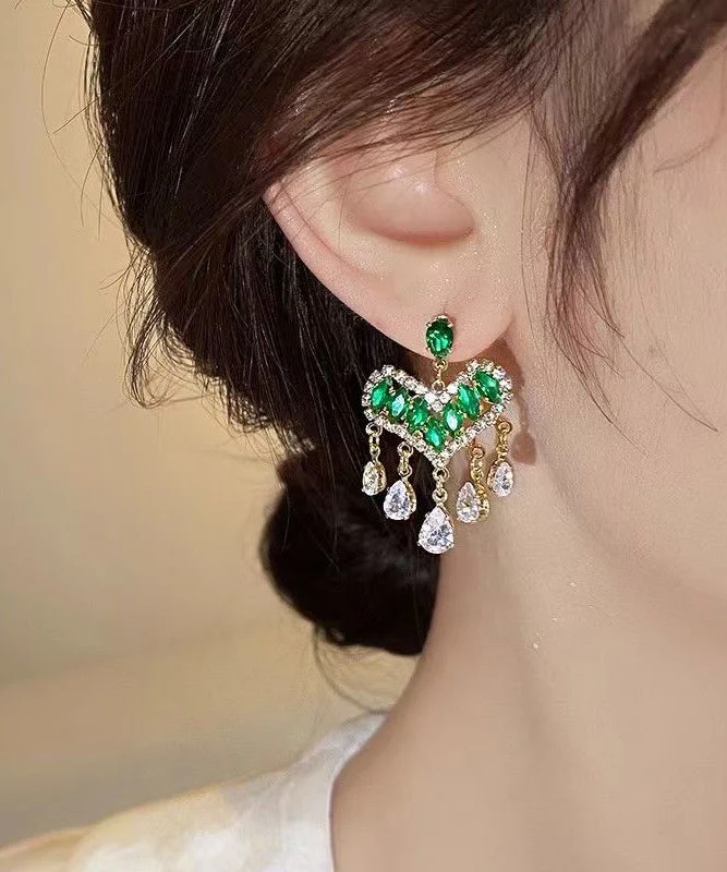 Light Luxury Green Zircon Heart-Shaped Tassel Stud Earrings - Image 2