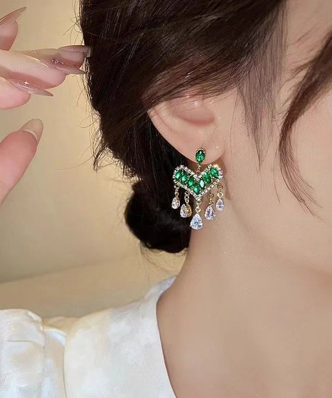 Light Luxury Green Zircon Heart-Shaped Tassel Stud Earrings - Image 3