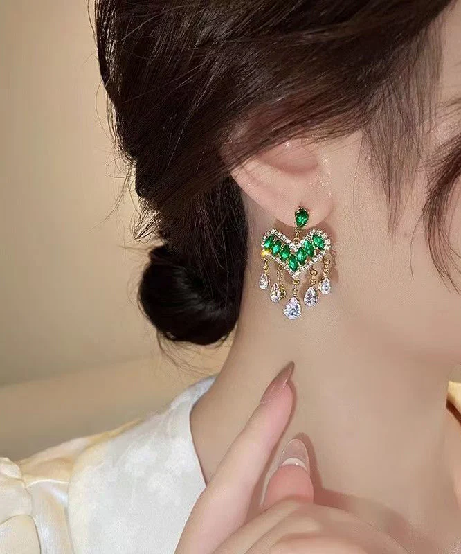 Light Luxury Green Zircon Heart-Shaped Tassel Stud Earrings - Image 4