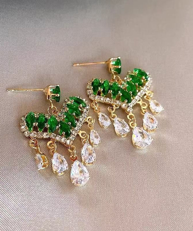 Light Luxury Green Zircon Heart-Shaped Tassel Stud Earrings - Image 5