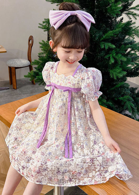 light Purple Print Patchwork Tulle Baby Girls Dress Wrinkled Summer - Image 2