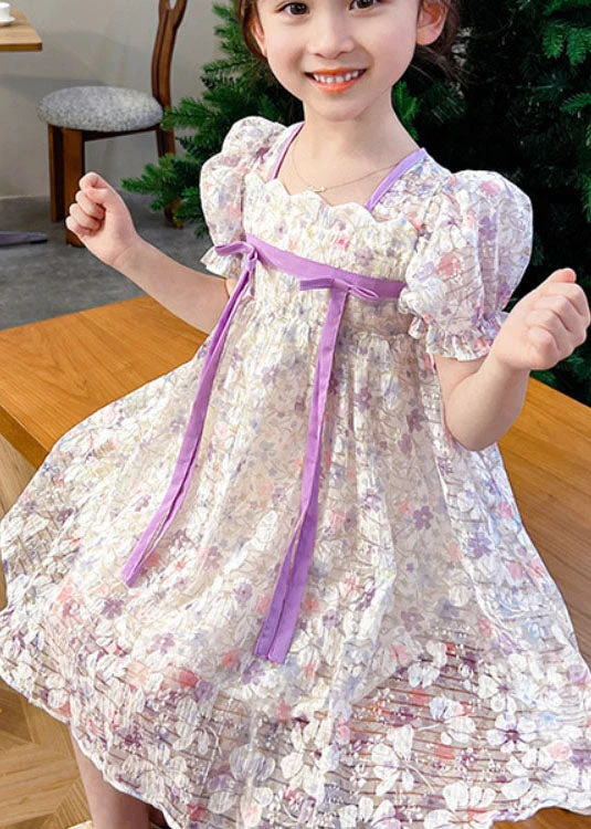 light Purple Print Patchwork Tulle Baby Girls Dress Wrinkled Summer - Image 3
