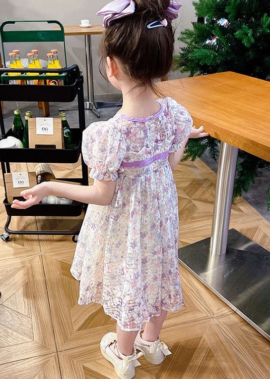 light Purple Print Patchwork Tulle Baby Girls Dress Wrinkled Summer - Image 4