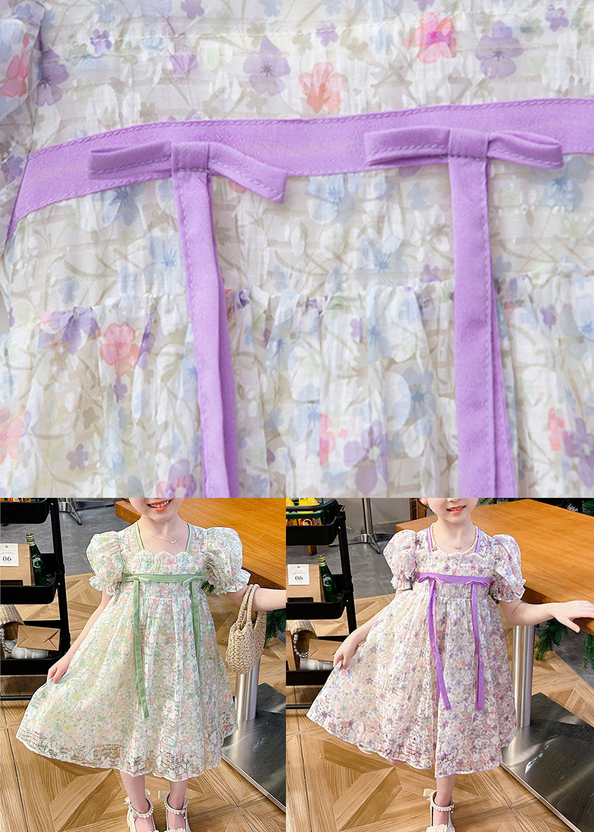 light Purple Print Patchwork Tulle Baby Girls Dress Wrinkled Summer - Image 5