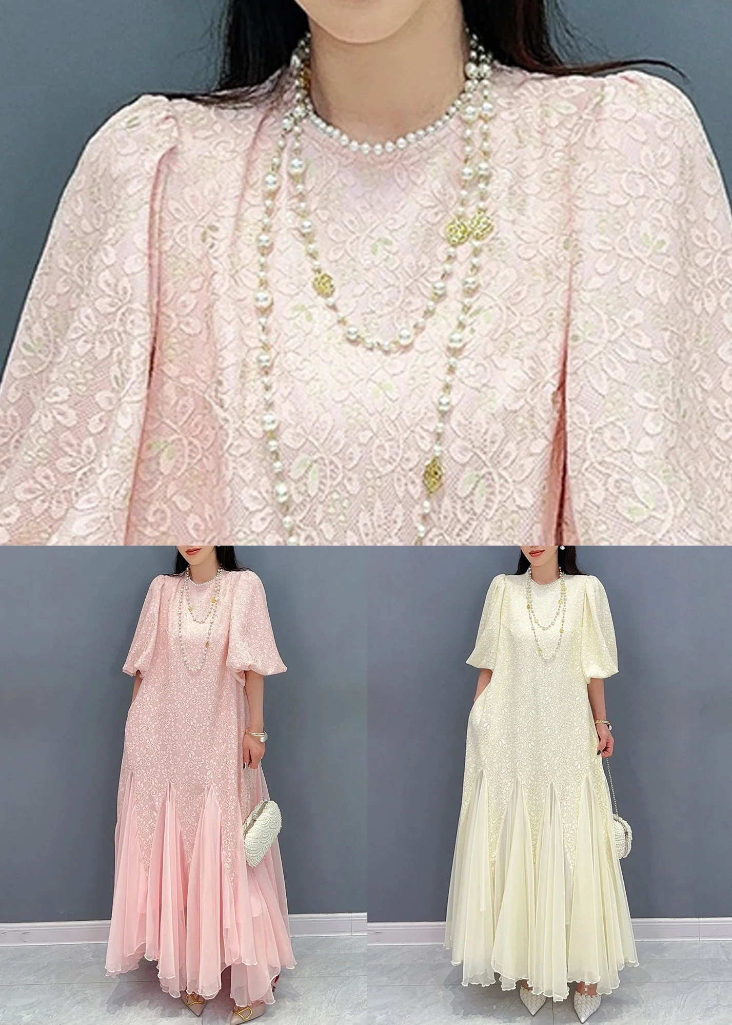Light Yellow Nail Bead Patchwork Chiffon Dress Puff Sleeve - Image 5