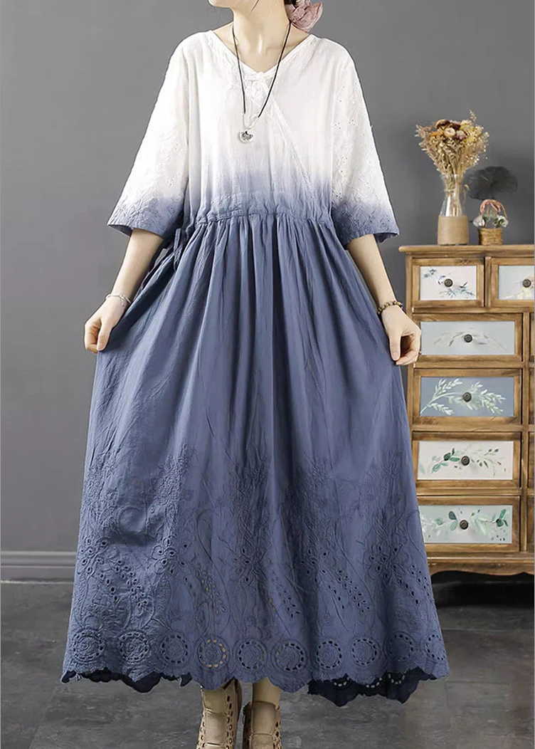 Lighy Blue V Neck Hollow Out Long A Line Dress Fall - Image 2