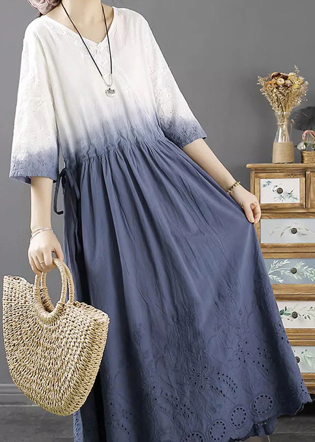 Lighy Blue V Neck Hollow Out Long A Line Dress Fall - Image 3