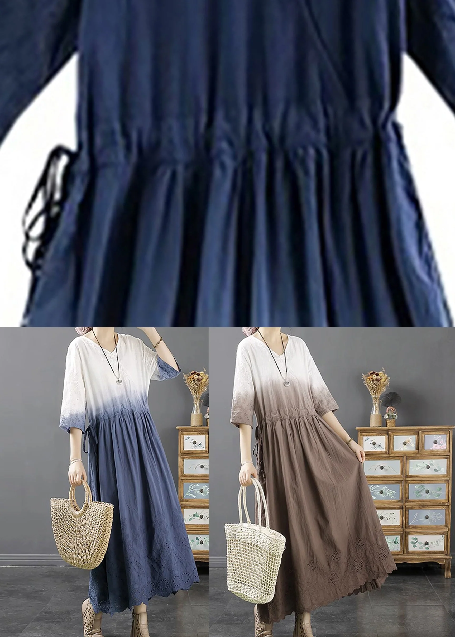 Lighy Blue V Neck Hollow Out Long A Line Dress Fall - Image 5