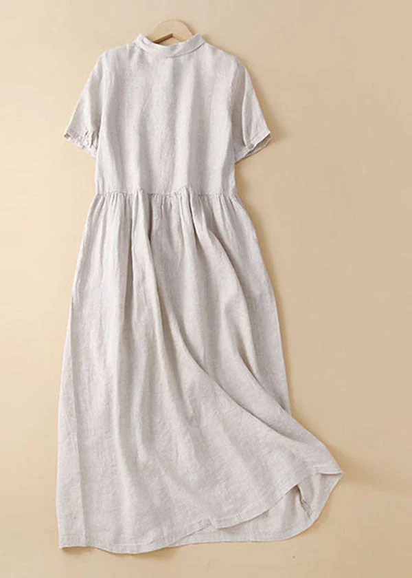 Linen Colour Linen Dresses Wrinkled Button Solid Short Sleeve - Image 2